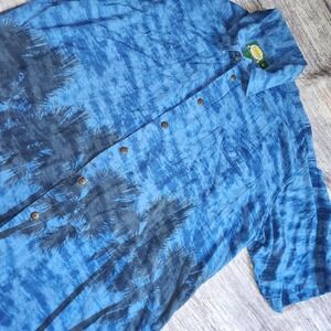 Cabela's Mens Large Tall Rayon Blue Tropical Palm Tree Print‎ Button Up Shirt